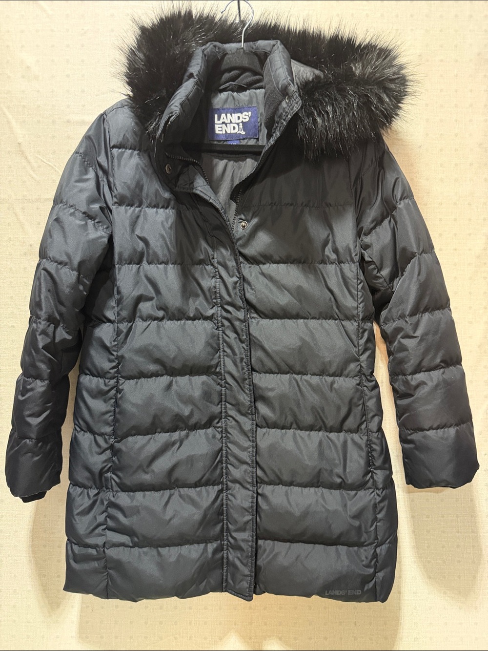 Lands' End Women's Black Quilted Long Puffer Coat with Faux Fur Hood